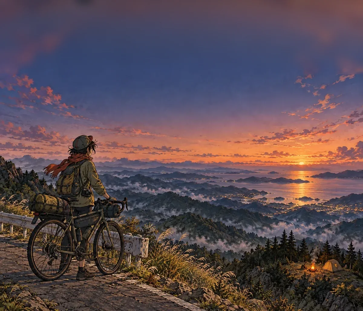 夕暮れの尾根道から日本の山並みと海を見渡す自転車旅行者